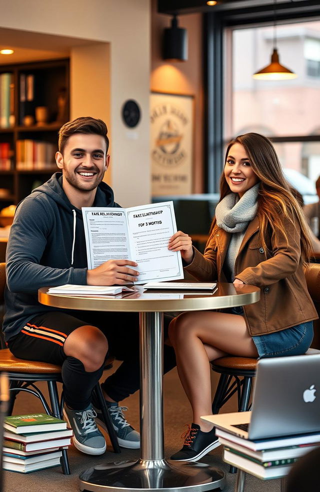 A scene depicting a handsome, athletic male soccer player and an attractive female university student sitting across from each other at a table, both holding a playful contract that says "Fake Relationship for 5 Months