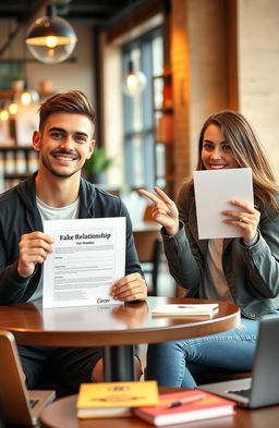 A scene depicting a handsome, athletic male soccer player and an attractive female university student sitting across from each other at a table, both holding a playful contract that says "Fake Relationship for 5 Months