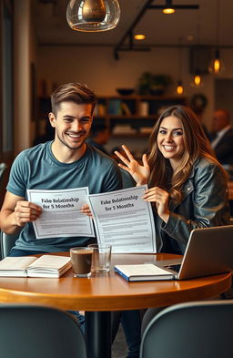 A scene depicting a handsome, athletic male soccer player and an attractive female university student sitting across from each other at a table, both holding a playful contract that says "Fake Relationship for 5 Months