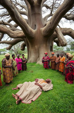 At an African shrine, a serene and solemn scene unfolds beneath a majestic, expansive Baobab tree