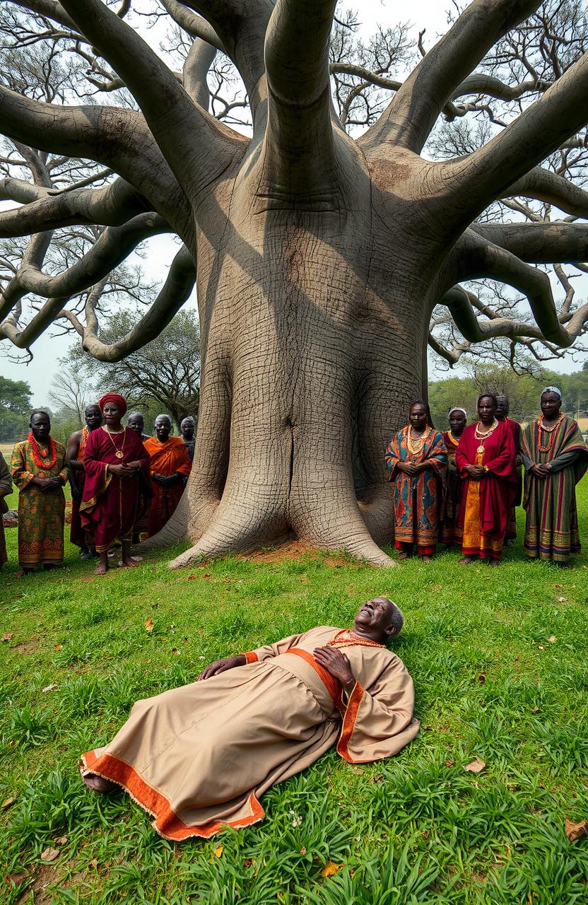 At an African shrine, a serene and solemn scene unfolds beneath a majestic, expansive Baobab tree