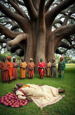 At an African shrine, a serene and solemn scene unfolds beneath a majestic, expansive Baobab tree