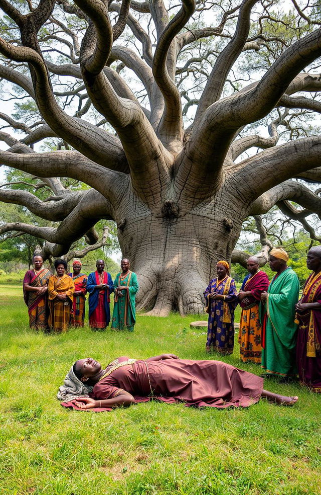 At an African shrine, a serene and solemn scene unfolds beneath a majestic, expansive Baobab tree