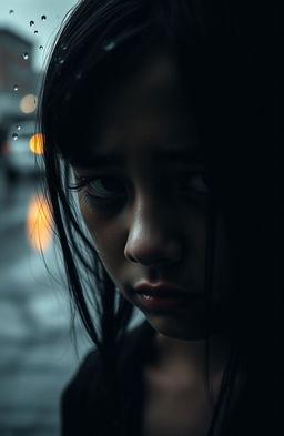A girl depicted with a face expressing suffering, focusing on the lower half of her face which shows clear distress