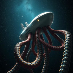 A visually stunning scene depicting a sleek, futuristic spaceship suspended in the vastness of deep space