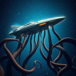 A visually stunning scene depicting a sleek, futuristic spaceship suspended in the vastness of deep space