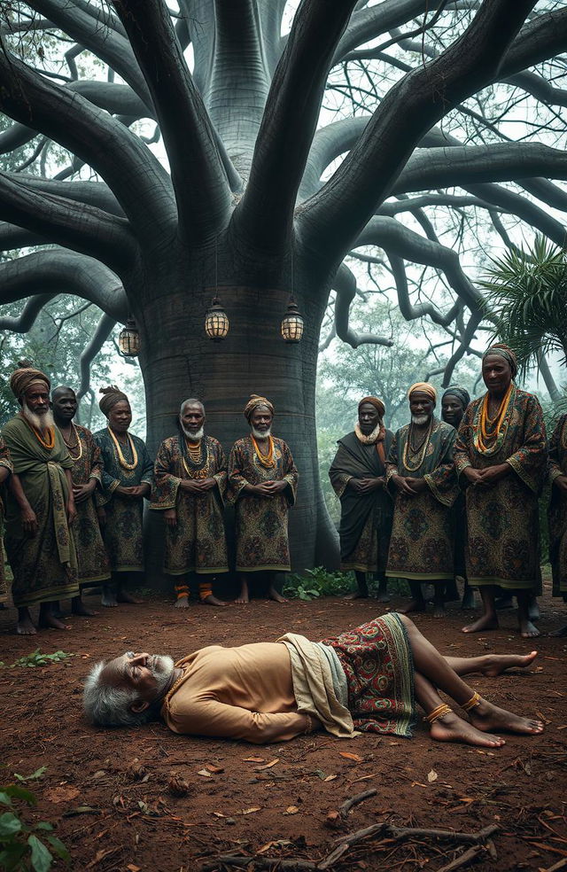 An atmospheric scene set in a traditional African shrine