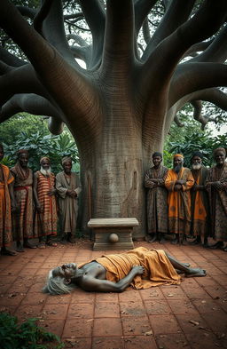 An atmospheric scene set in a traditional African shrine