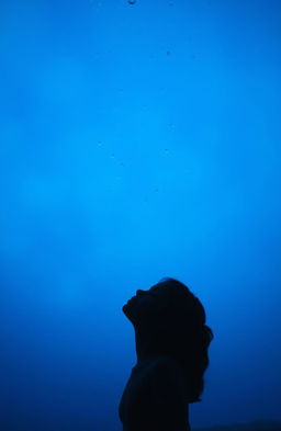An artistic representation of a girl depicted only as a shadow at the bottom of the image, gazing upwards, with no visible faces