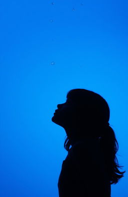 An artistic representation of a girl depicted only as a shadow at the bottom of the image, gazing upwards, with no visible faces