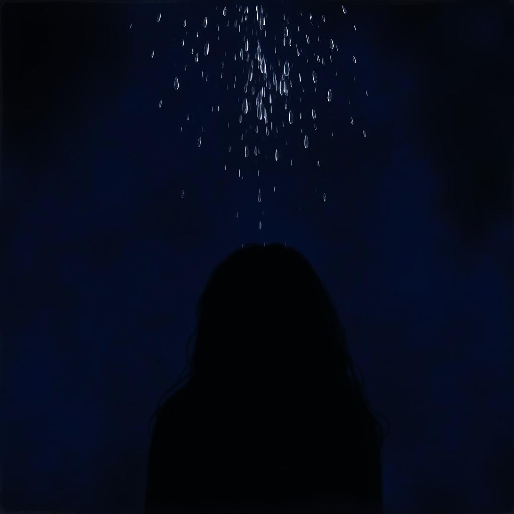 A realistic depiction of a girl represented as a shadow at the bottom of the image, looking up without any faces visible