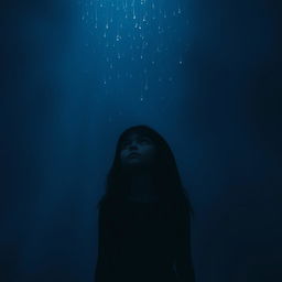 A realistic depiction of a girl represented as a shadow at the bottom of the image, looking up without any faces visible