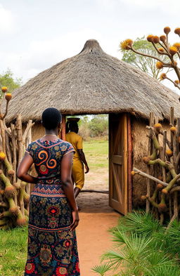 A picturesque scene featuring a single round grass thatched hut surrounded by a natural fence made of Euphorbia trees