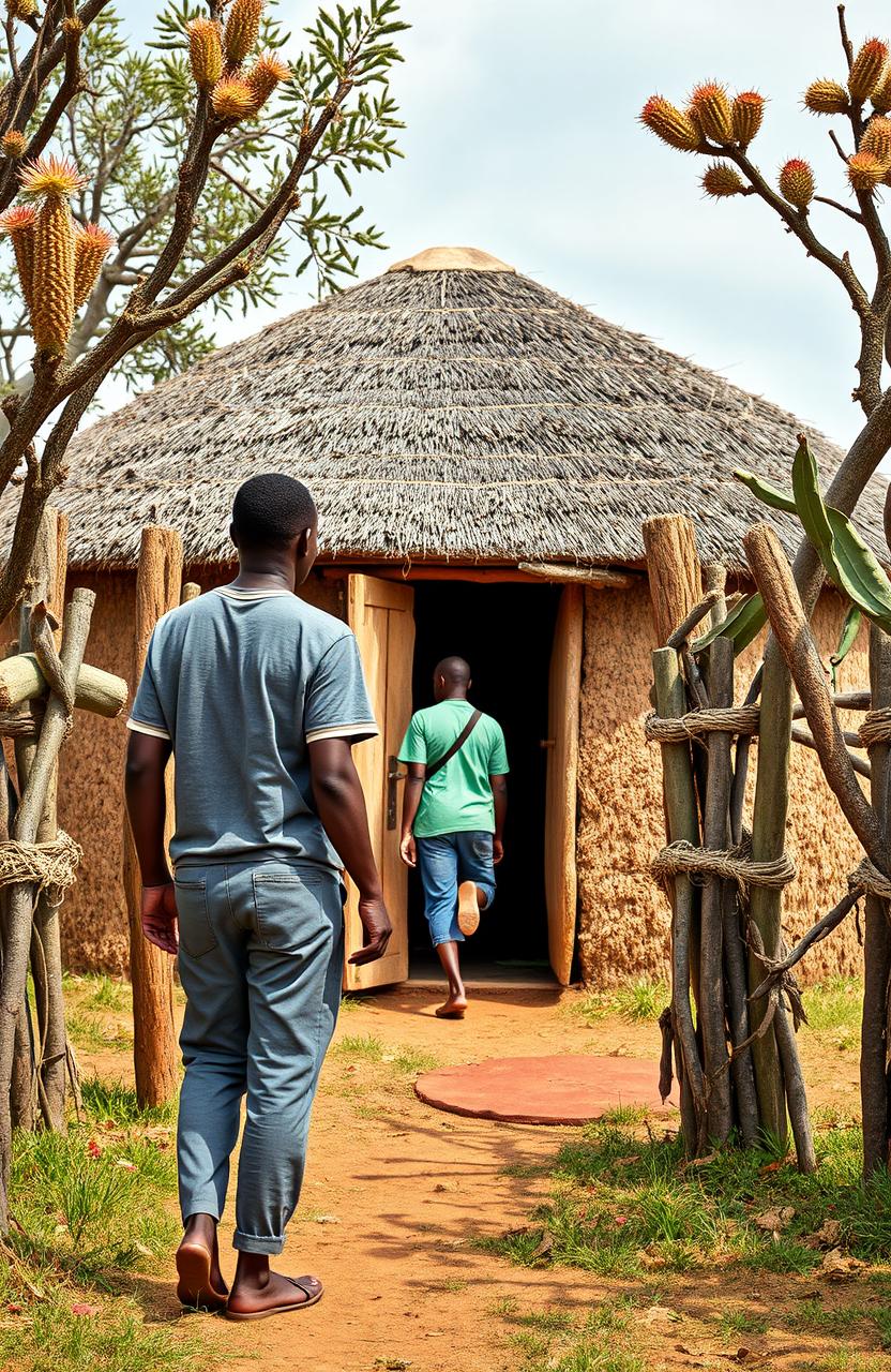 A picturesque scene featuring a single round grass thatched hut surrounded by a natural fence made of Euphorbia trees