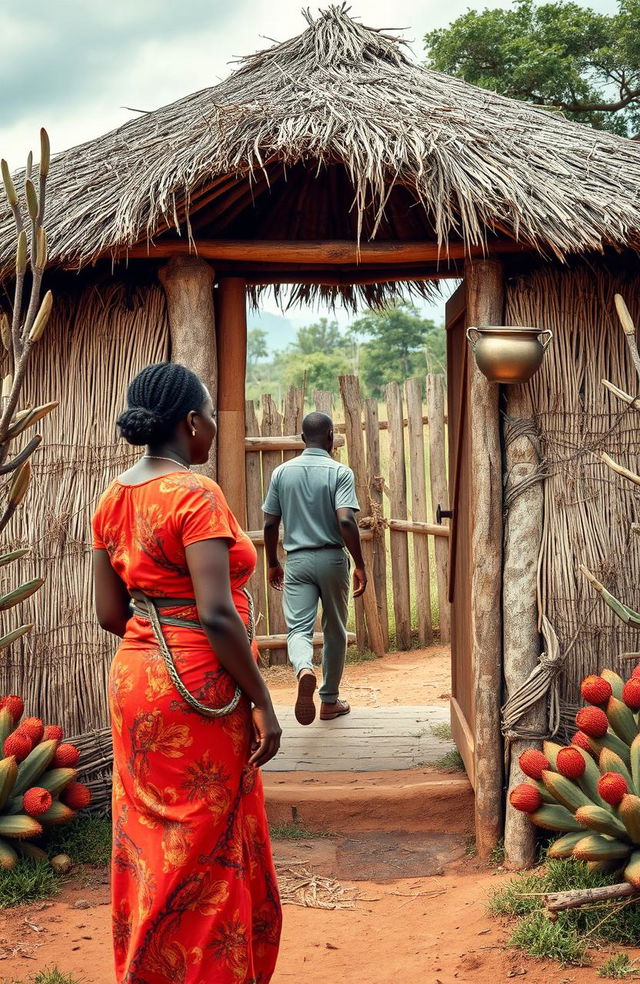 A picturesque scene featuring a single round grass thatched hut surrounded by a natural fence made of Euphorbia trees