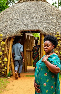 A picturesque scene featuring a single round grass thatched hut surrounded by a natural fence made of Euphorbia trees
