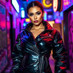 A stunning woman wearing a tight, shiny black latex puffer jacket that perfectly accentuates her big boobs and curvy figure
