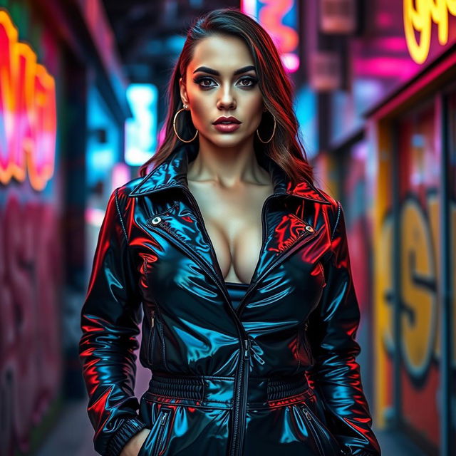 A stunning woman wearing a tight, shiny black latex puffer jacket that perfectly accentuates her big boobs and curvy figure