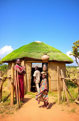 A serene African rural scene featuring a single round grass thatched hut with a vibrant green grass roof, surrounded by a natural fence made of Euphorbia trees