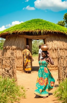 A serene African rural scene featuring a single round grass thatched hut with a vibrant green grass roof, surrounded by a natural fence made of Euphorbia trees