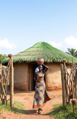 A serene African rural scene featuring a single round grass thatched hut with a vibrant green grass roof, surrounded by a natural fence made of Euphorbia trees