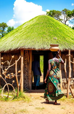 A serene African rural scene featuring a single round grass thatched hut with a vibrant green grass roof, surrounded by a natural fence made of Euphorbia trees