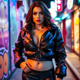 A stunning woman wearing a fitted, shiny black latex puffer jacket that highlights her big boobs and curvy silhouette