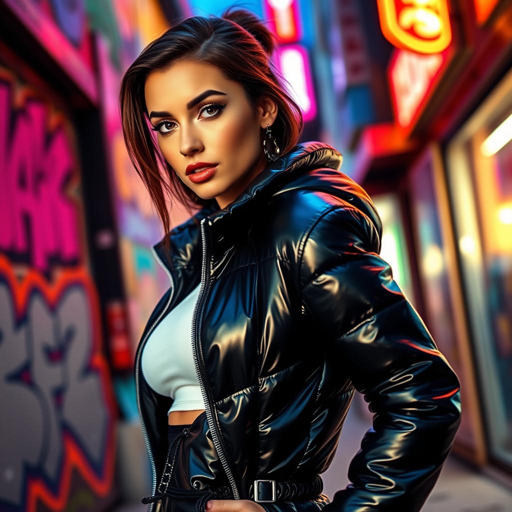 A stunning woman wearing a fitted, shiny black latex puffer jacket that highlights her big boobs and curvy silhouette