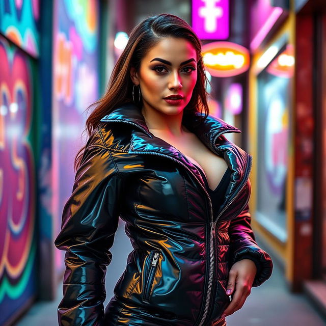 A stunning woman wearing a fitted, shiny black latex puffer jacket that highlights her big boobs and curvy silhouette