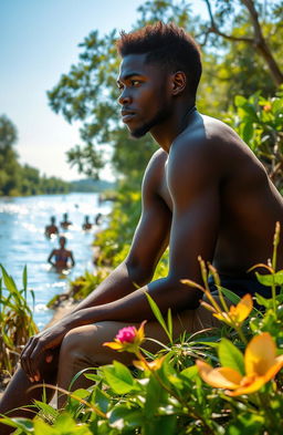 An African young man around 30 years old is sitting on tall river banks, with lush greenery and vibrant flora surrounding him