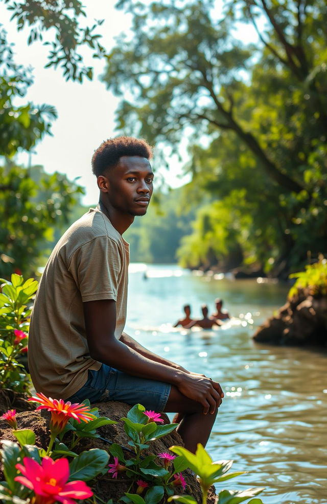 An African young man around 30 years old is sitting on tall river banks, with lush greenery and vibrant flora surrounding him