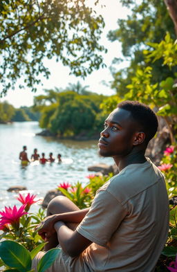 An African young man around 30 years old is sitting on tall river banks, with lush greenery and vibrant flora surrounding him
