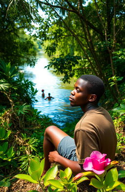 An African young man around 30 years old is sitting on tall river banks, with lush greenery and vibrant flora surrounding him