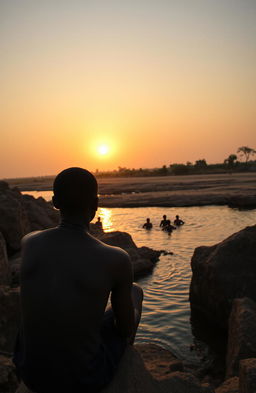 An evening sunset scene over a serene river, showcasing a young African man around 30 years old sitting on tall, stony, and dusty river banks