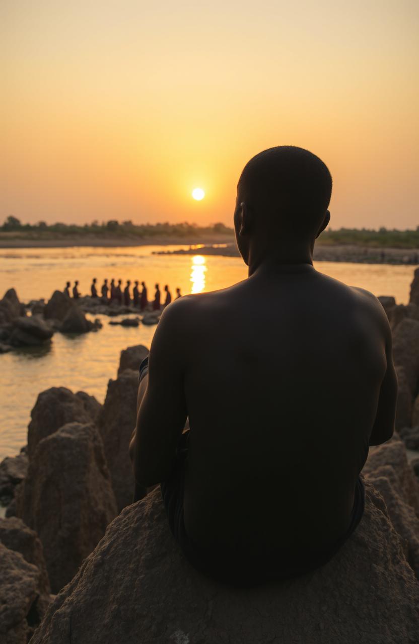 An evening sunset scene over a serene river, showcasing a young African man around 30 years old sitting on tall, stony, and dusty river banks