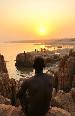 An evening sunset scene over a serene river, showcasing a young African man around 30 years old sitting on tall, stony, and dusty river banks