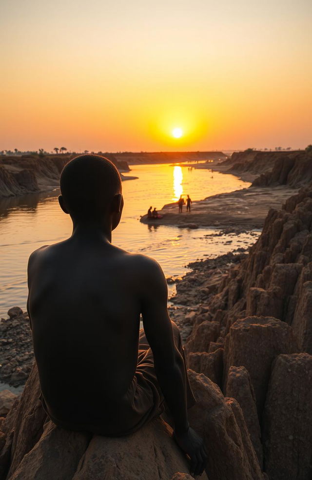 An evening sunset scene over a serene river, showcasing a young African man around 30 years old sitting on tall, stony, and dusty river banks