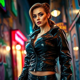 A gorgeous woman in a tight, shiny black latex puffer jacket that accentuates her big boobs and curvy figure