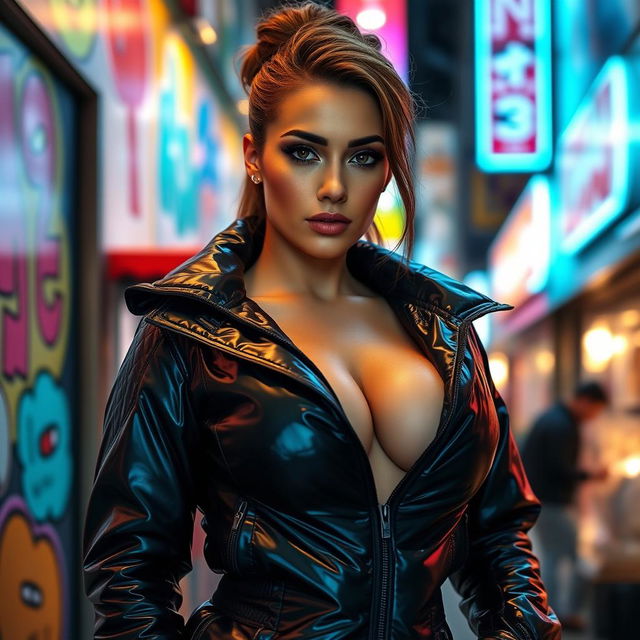 A gorgeous woman in a tight, shiny black latex puffer jacket that accentuates her big boobs and curvy figure