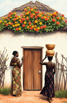 A traditional house fenced with vibrant Euphorbia plants at the top of the canvas