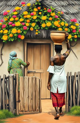 A traditional house fenced with vibrant Euphorbia plants at the top of the canvas