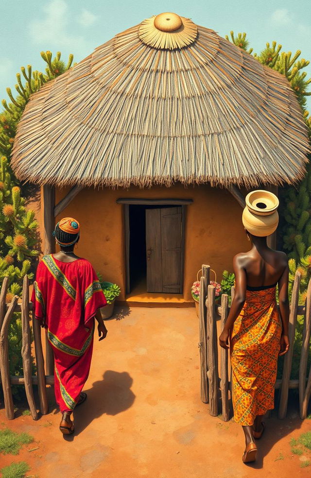 An aerial view of a single traditional African house surrounded by a fence made of Euphorbia, located at the top of the canvas with the door facing towards the bottom