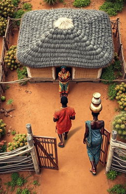 An aerial view of a single traditional African house surrounded by a fence made of Euphorbia, located at the top of the canvas with the door facing towards the bottom