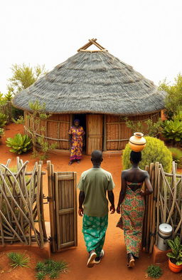 An aerial view of a single traditional African house surrounded by a fence made of Euphorbia, located at the top of the canvas with the door facing towards the bottom