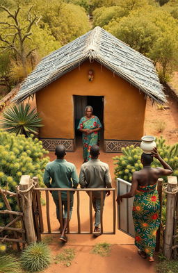 An aerial view of a single traditional African house surrounded by a fence made of Euphorbia, located at the top of the canvas with the door facing towards the bottom