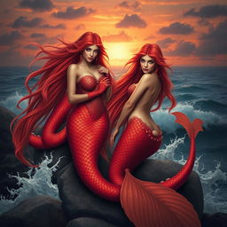 A stunning scene featuring a group of enchanting sirens with long flowing hair and scales shimmering in hues of red