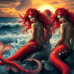 A stunning scene featuring a group of enchanting sirens with long flowing hair and scales shimmering in hues of red