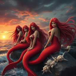 A stunning scene featuring a group of enchanting sirens with long flowing hair and scales shimmering in hues of red