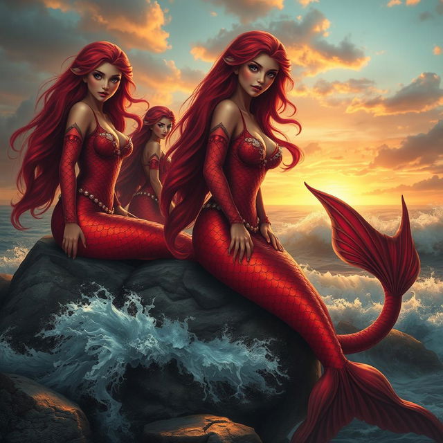 A stunning scene featuring a group of enchanting sirens with long flowing hair and scales shimmering in hues of red