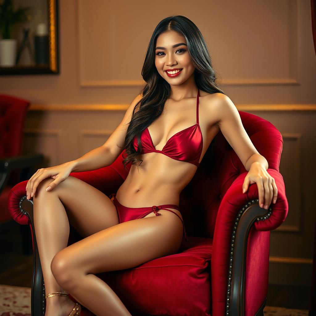 An Indonesian female model in a stunning red maroon bikini, gracefully sitting on an elegant red maroon sofa chair